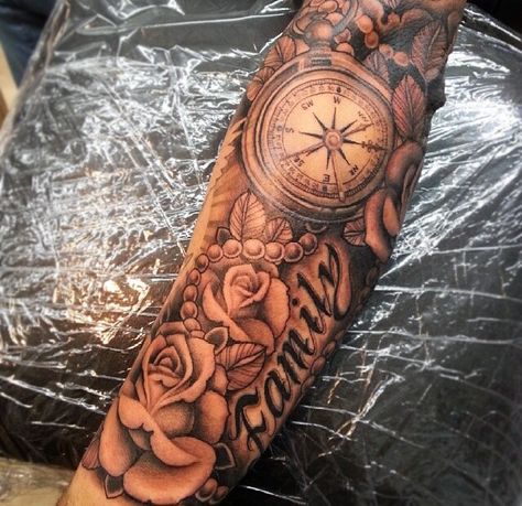 Clock and roses Family Sleeve Tattoo, Unique Wrist Tattoos, Super Tattoo, Rose Tattoos For Men, Wrist Tattoos For Guys, Forearm Sleeve Tattoos, Arm Sleeve Tattoos, Full Sleeve Tattoos, Music Tattoos