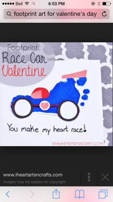 Race car footprint. Father's Day craft Car Valentine, Arts N Crafts, Toddler Valentine Crafts, Lion Craft, Footprint Crafts, Valentine Activities, Toddler Valentines, Footprint Art, Handprint Crafts