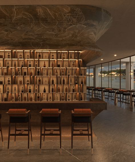 VERT DE BIENHOA RESORT | Bar Lounge on Behance Kelly Wearstler Bar, Bar Design Restaurant Lounge, Hotel Bar Lounge, Lounge Bar Interior, Lake Clubhouse, Hotel Bar Design, Rooftop Bar Design, Bar Concept, Terrace Hotel