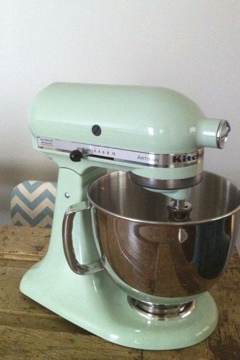 Pistachio KitchenAid Pistachio Kitchenaid, Ivar Regal, Baking Center, Blue Mittens, Hoosier Cabinets, Vintage Inspired Kitchen, Hoosier Cabinet, Floor Renovation, Craftsman Kitchen