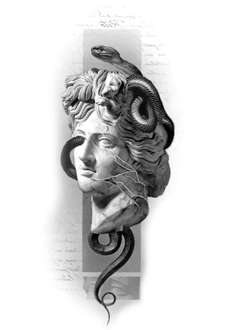 Medusa Concept Tattoo, Greek Snake Tattoo, Greek Mythology Snake Tattoo, Medusa Sculpture Tattoo, Angry Snake Tattoo, Medusa Side Profile, Medusa Statue Tattoo, Medusa Snake Tattoo, Greek Sculpture Tattoo