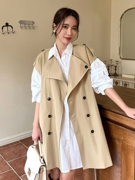 Summer Manto, Sleeveless Trench Coat, Plain Vest, Chaleco Casual, Sleeveless Trench, Character Design Girl, Women Outerwear, Belted Trench Coat, Design Girl