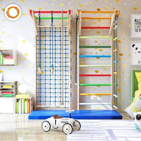 Basement Climbing Gym For Kids, Playroom And Workout Room Combo, Active Playroom Ideas, Indoor Kids Gym, Diy Indoor Playground, Kids Gym Room, Basement Playground, Sensory Kids Room, Gym Playroom