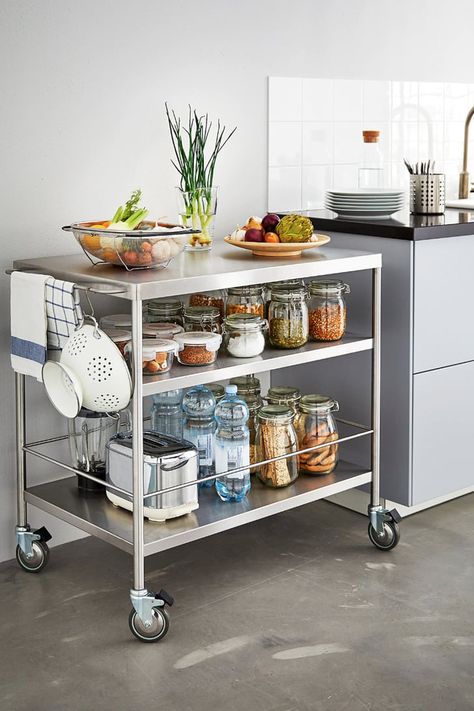 Pots and Pans Cramping Your Style? Ikea Has the Small-Space Solutions Your Kitchen Needs Kitchen Island Trolley, Stainless Steel Island, Portable Kitchen Island, Organiser Cucina, Kitchen Island On Wheels, Kitchen Trolley, Kitchen Island Cart, Portable Kitchen, Smart Kitchen