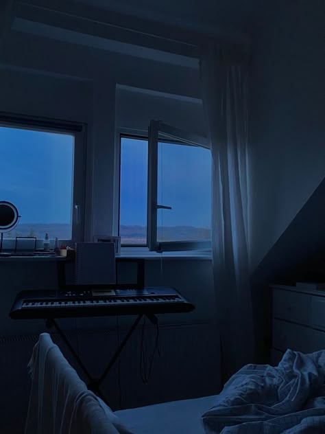 #cosy #bedroom #inspiration #night #aesthetic #decoration #music Dark Bedroom Aesthetic Night, Blue Cozy Bedroom Aesthetic, Blue Hour Room Aesthetic, Gloomy Living Room Aesthetic, Bedroom At Night Dark, Good Night Aesthetic Bedroom, Liminal Bedroom Aesthetic, Gloomy Bedroom Aesthetic, Gloomy Room Aesthetic