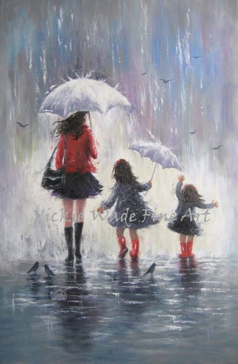 Rainy Day Walk With Mom and Two Daughters” 24″ X 36″ original oil painting on… 가족 일러스트, Girls Painting, Mother Daughter Art, Painting Walls, Rain Art, Umbrella Art, Siluete Umane, Walking In The Rain, Girls Wall Art