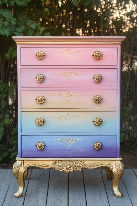 15+ Whimsical Painted Furniture Ideas You Can't Ignore - H.M.G Dresser Painting Ideas Creative, Whimsical Painted Furniture Ideas, Rainbow Dresser, Creative Painted Furniture, Vintage Dresser Makeover, Diy Walk In Closet, Painted Furniture Ideas, Painted Dressers, Spray Paint Furniture