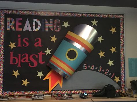 Reading is a blast! Bulletin board Bulletin Board Reading, Reading Nook Classroom, Reading Bulletin Board, Reception Class, Library Bulletin Board, Reading Bulletin Boards, Prek Teacher, Eyfs Activities, Reading Charts