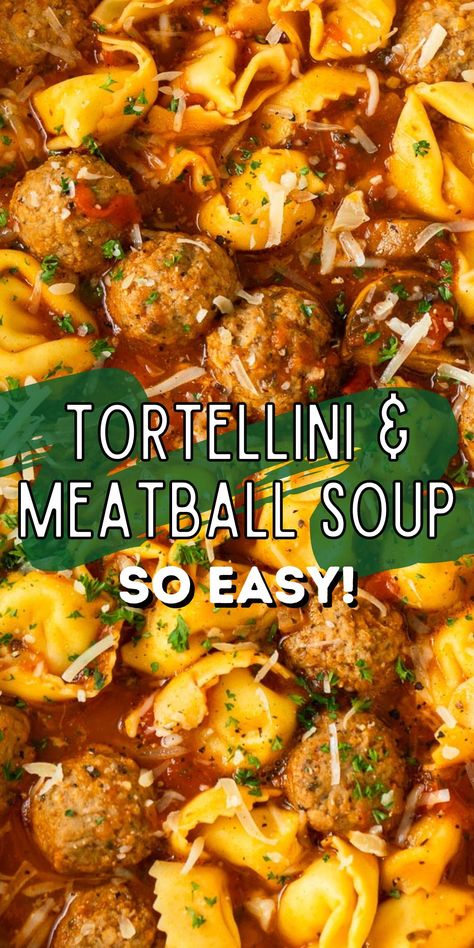 This delicious and hearty Tortellini Meatball Soup is filled with plump tortellini and meatballs with mushrooms in a spaghetti sauce based soup. Tortellini Lasagna Soup, Meatball Recipes Soup, Meatballs Soup Recipes, Meatballs Tortellini, Hamburger Tortellini Soup, Tortellini Soup With Meatballs, Tortellini And Meatball Soup, Meatballs And Tortellini, Meatball Soup With Tortellini