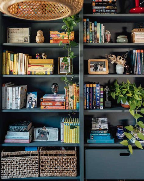 5 IKEA BILLYs Transform This “Wasted Space” Bedroom Corner Bookshelf Hack, Ikea Bookshelf Hack, Billy Hack, Ikea Billy Hack, Styling A Bookcase, Billy Bookcases, Painted Bookshelves, Teal Paint, Ikea Bookshelves