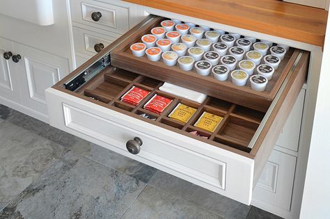 Wood Mode | Storage Deep Drawer Organization, Coffee Pods Drawer, Corner Drawers, Kitchen Renovation Inspiration, Coffee Pod Storage, Tea Organization, Home Bar Rooms, Corner Pantry, Shelf Dividers