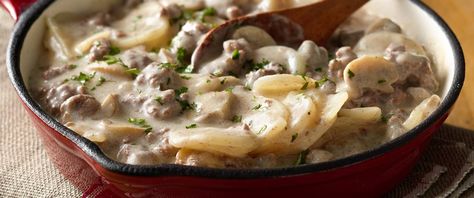 Who can resist creamy stroganoff coupled with family-pleasing potatoes for a hearty dinner? Beef Stroganoff With Potatoes, Hamburger Helper Potato Stroganoff, Potato Stroganoff Recipe, Potatoes Stroganoff, Potato Stroganoff, Traditional Beef Stroganoff, Easy Suppers, Beef Stroganoff Recipe, Ground Beef Stroganoff