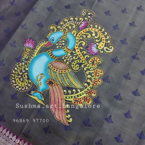 Annapakshi design, hand painted Tanjore Fabric Painting Peacock, Annapakshi Design, Tanjoor Painting, Painting Blouses, Fabric Sketch, Blouse Painting, Tanjore Art, 3d Relief Art, Saree Painting Designs