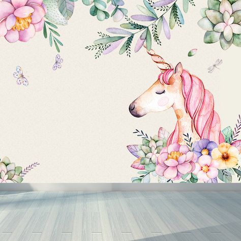 Standing Unicorn Mural Children's Art Non-Woven Cloth Wall Covering in Pastel Color Unicorn Wall Painting Girl Rooms, Unicorn Mural Girls Bedroom, Girls Room Mural Ideas, Unicorn Wall Painting, Mural For Girls Room, Unicorn Girls Bedroom, Unicorn Mural, Unicorn Wall Mural, Patio Wall Art