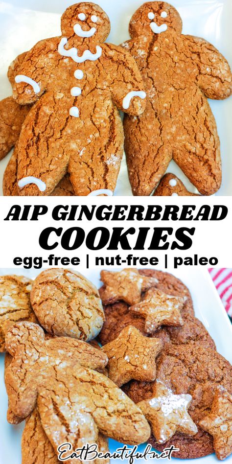 AIP Gingerbread Cookies are so easy and fun to make. These simply perfect holiday cookies are delicious and have a great texture! Egg-free, nut-free, Paleo and Gluten-free. | Eat Beautiful Recipes | aip gingerbread cookies | aip holiday cookie recipes | paleo gingerbread cookies | gluten free gingerbread cookies | egg free gingerbread cookies | egg free nut free cookie recipes | #aip #paleo #gingerbread #cookies Aip Gingerbread Cookies, Aip Christmas Cookies, Aip Gingerbread, Egg Free Gingerbread, Aip Christmas Recipes, Gingerbread Cookies Gluten Free, Nut Free Cookies Recipes, Gf Gingerbread, Aip Sweets