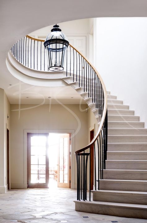 Stone Staircase, Timber Handrail, Bespoke Staircases, Large Hallway, House Staircase, Entry Stairs, Stone Stairs, Stairway Design, Modern Stairs