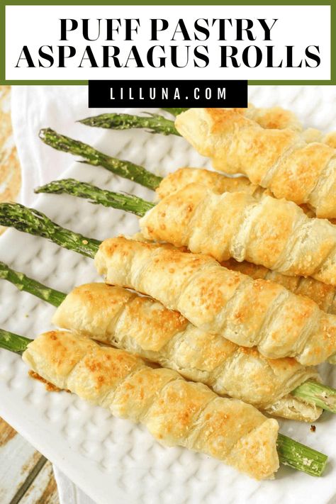 Asparagus Rolls wrapped in Puff Pastry, filled with cream cheese and topped with parmesan. So simple and delicious, it's the perfect side for any meal. #asparagusrolls #asparaguswrappedrolls #asparagus #creamcheese #parmesanasparagus Crescent Roll Wrapped Asparagus, Asparagus Philo Dough, Asparagus Appetizer Recipes, Pastry Wrapped Asparagus, Puff Pastry Asparagus, Asparagus Appetizers, Asparagus Puff Pastry, Puffy Pastry, Philo Dough