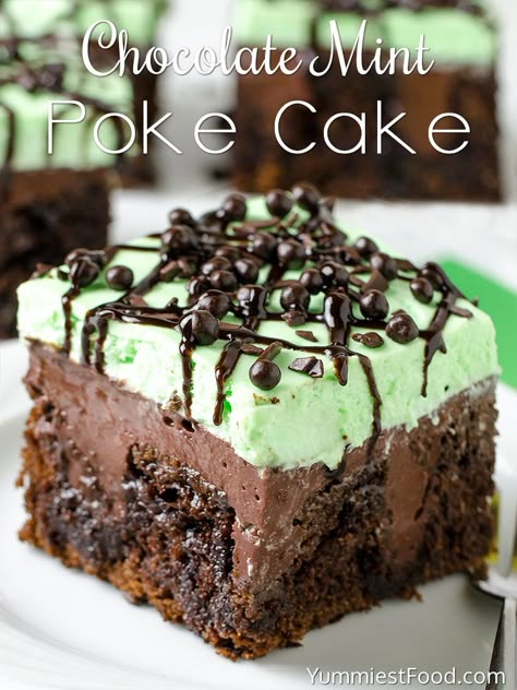 Chocolate Mint Poke Cake - served on the plate Mint Poke Cake, Cake Preppy, Cake On A Plate, Cheesecake Topping, Mint Desserts, Mint Cheesecake, Cheesecake Toppings, Preppy Kitchen, Poke Cake Recipes