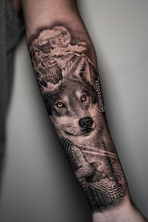 Wolf And Hawk Tattoo, Wolf Tattoo Design Sketches, Tattoo Design Sketches, Animals Tattoos, Wolf Tattoos Men, Hawk Tattoo, Tattoos Men, Wolf Tattoo Design, Wolf Pictures