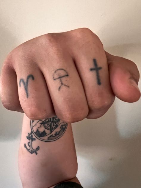 A visual representation of birth through the Aries symbol signifying birth month, the Indalo representing place of birth, and the Christian cross representing community. All three tattoos are on three middle fingers of the right hand. Hand Symbols, Fish Tattoos, I Tattoo, Jesus Fish Tattoo, Tatting, Tattoo Ideas, Tattoos, Almeria