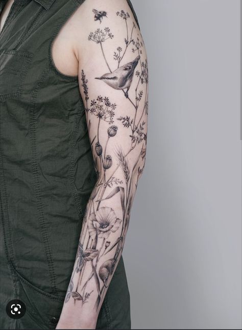 Botanical Tattoo Sleeve, Herb Tattoo, Natur Tattoo Arm, Thumb Tattoos, Quarter Sleeve Tattoos, Christian Sleeve Tattoo, Feminine Tattoo Sleeves, Wildflower Tattoo, Tattoos For Women Half Sleeve