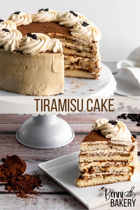 This tiramisu cake has layers of fluffy vanilla sponge soaked in fresh espresso and amaretto with lashings of mascarpone cream and a dusting of cocoa powder. Tiramisu recipes are delicious, but this tiramisu cake makes perfect slices of delicious, coffee, almond flavoured cake with dreamy mascarpone cream and cocoa powder. The perfect dessert for fathers day, birthdays or dinner parties. One of my favourite baking recipes to make for coffee lovers! Tiramisu Flavored Cake, Coffee Almond Cake, Cake Recipes Fancy, Tiramisu Truffles Recipes, Almond Amaretto Cake, Fancy Baking Recipes, Tiramisu Wedding Cake, Dessert Potluck, Amaretto Recipe