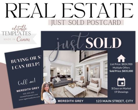 Just Sold Postcard Real Estate Canva Template Just Sold | Etsy Just Sold Real Estate, Sold Real Estate, Marketing Postcard, Transaction Coordinator, Real Estate Postcards, Real Estate Agent Marketing, Real Estate Templates, Realtor Marketing, Just Sold