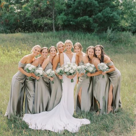 Going green 💚 Featuring our satin bridesmaid dresses in Moss • 👰🏼‍♀️: @nataliewinzenried 📸: @taylormayphotography #birdyinthewild #BIRDYGREY | Instagram Pale Sage Bridesmaid Dresses, Baby Green Bridesmaid Dresses, Bridesmaid Dresses Winery Wedding, Brisedmaid Sage Green, Green Grey Bridesmaid Dresses, Grey Green Bridesmaid Dresses, Bridesmaid Sage Dresses, Willow Green Bridesmaid Dresses, Moss Satin Bridesmaid Dresses