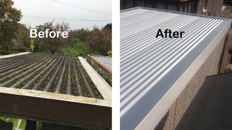 Before and after of asbestos garage roof that was removed and replaced with a new pent garage roof from made from galvanised corrugated ultra roof sheets Galvanised Roof, Diy Roofing, Garage Roof, Building A Garage, Roof Replacement, Steel Garage, Outside Furniture, Roofing Diy, Cool Roof