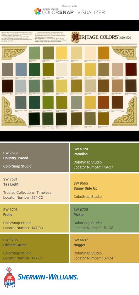 I just created this color palette with the Sherwin-Williams ColorSnap® Visualizer app on my Android phone. What do you think? You can learn more about ColorSnap Visualizer and get it on your phone free by visiting https://www.sherwin-williams.com/content/colorsnap.html. Frank Lloyd Wright Color Palette, Art Nouveau Colour Palette, 1920 Color Palette, 1920s Color Palette, Craftsman Interior Paint Colors, Art Nouveau Color Palette, Craftsman Color Palette, Art Deco Palette, Art Deco Color Palette