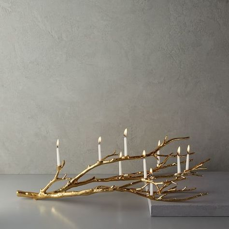 Manzanita Candelabra - Gold - Inspired by dainty tree branches, our Manzanita Candelabra holds nine taper candles in its sculptural metal base. #shopstyle Mountain Room, Silver Serveware, Dragon Lair, Romantic Centerpieces, Arreglos Ikebana, Winter Florals, Holiday Tablescape, Hanukkah Decorations, Christmas Candle Decorations