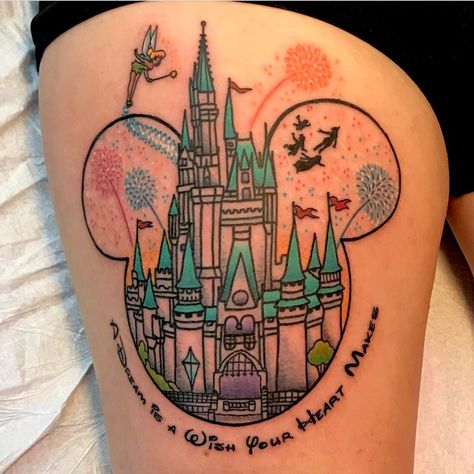 Disney tattoo Disney Castle Tattoo Design, Simple Disney Castle Tattoo, Disney Mashup Tattoos, Disneyworld Castle Tattoo, Disney Castle Tattoo Color, Tattoo Ideas Tumblr, Disney Castle Tattoo, Disney Inspired Tattoos, Disney Sleeve Tattoos