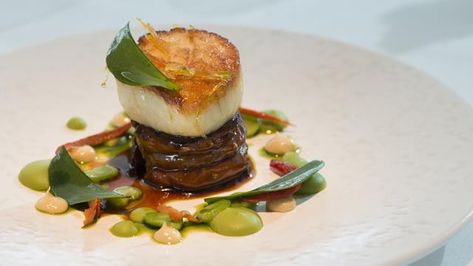 Lamb and Scallop Recipe - Great British Chefs Scallop Recipe, Metal Skewers, Great British Chefs, Mint Oil, Scallop Recipes, Broad Bean, Land And Sea, Vegetable Puree, Coriander Seeds