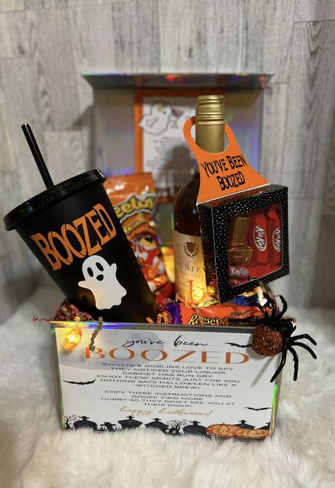 Boo Buckets For Adults, Halloween Raffle Basket Ideas, Boo Bucket, You've Been Boozed, Alcohol Gift Baskets, Halloween Gift Baskets, Raffle Basket, Halloween Baskets, Raffle Baskets