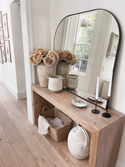 Console table, black mirror, neutral home decor, StylinAylinHome #LTKstyletip #LTKunder100 #LTKhome Myers House, White Entryway Table, Foyer Paint, Console Table Styling, Entrance Way, Console Table Design, Console Table Decorating, Entryway Table Decor, Vase Collection