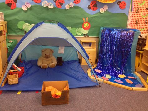 Camping Dramatic Play Classroom Tent, Fake Campfire, Camping Dramatic Play, Classroom Camping, Preschool Camping, Camping Preschool, Camping Theme Preschool, Camping Setup, Dramatic Play Themes