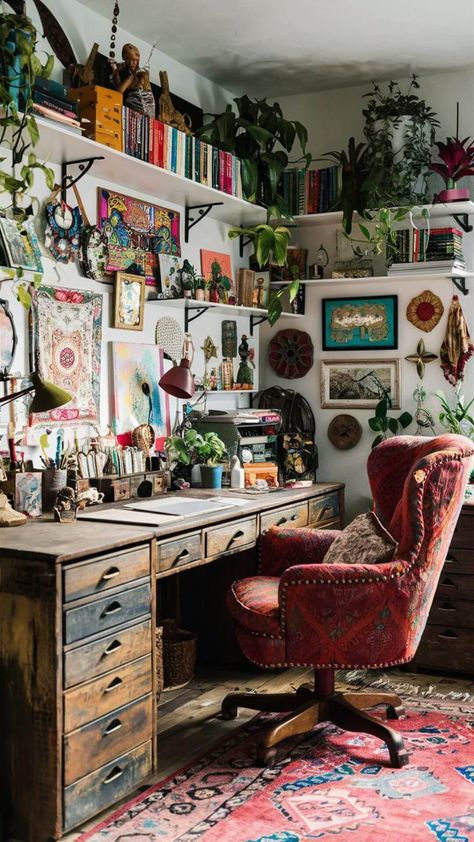 Transform Your Workspace with Boho Charm Artist Office Home Art Studios, Tiny Art Space Ideas, Art Studio Workspaces, Art Studio Desk Ideas, Art Studio Layout Ideas, Artistic Home Office, Office Art Studio Combo, Home Office Maximalist, Maximalist Desk Setup