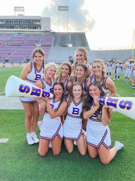 Purple And Gold Cheer Uniforms, Cheer Poses With Megaphone, Cheerleader Girls, Cheer Photos, Cheer Uniforms, Cheers Photo, Cheer Poses, Cheerleader Girl, Cheer Uniform