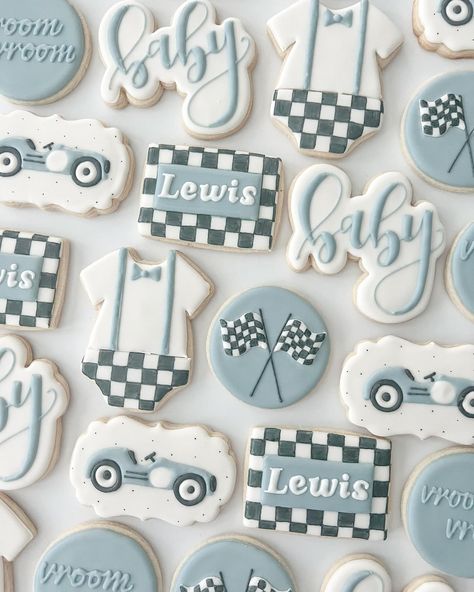 The cutest race car theme baby shower 🏁 #babyshowercookies #babycookies #customcookies #royalicing #argyletx #colleyvilletx #southlaketx #flowermoundtx Classic Car Baby Shower Theme, Race Car Baby Shower Theme, Unique Baby Boy Shower Ideas, Racing Baby Shower Theme, Car Theme Baby Shower Boys, Car Themed Baby Shower Ideas, Race Car Baby Shower Ideas, Car Baby Shower Theme, Blue Baby Shower Ideas