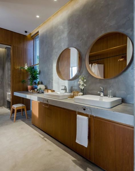 Chinese Apartment, Bathroom Mirror Round, Small Sitting Areas, Open Plan Apartment, Raised Platform, Bathroom Big, Hidden Lighting, Concrete Countertop, Wood And Concrete