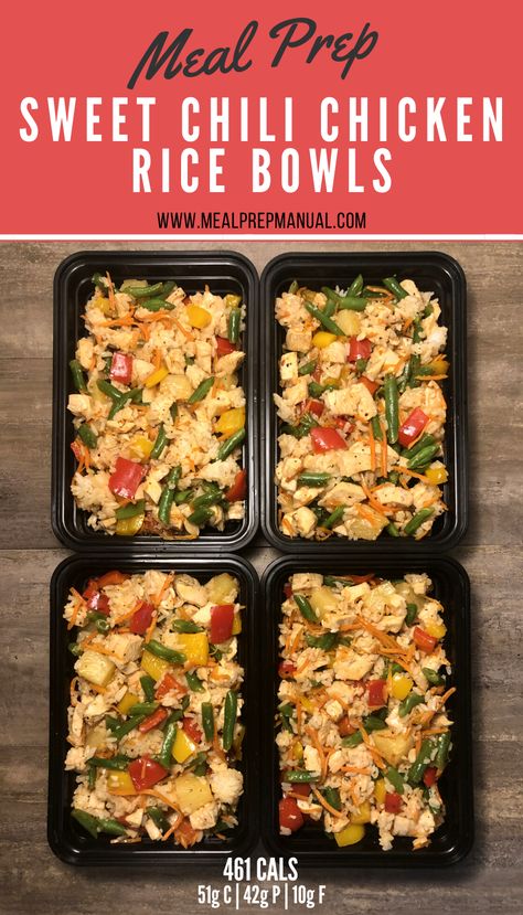 Sweet Chili Chicken Meal Prep, Sweet Chili Chicken And Rice, Sweet Chili Thai Chicken Rice Bowl, Sweet Chili Bowl, Protein Rice Bowl Recipes, Sweet Chili Chicken Rice Bowl, Meal Prep Bell Peppers, Sweet Chilli Chicken Rice Bowl, Lunch Prep Healthy