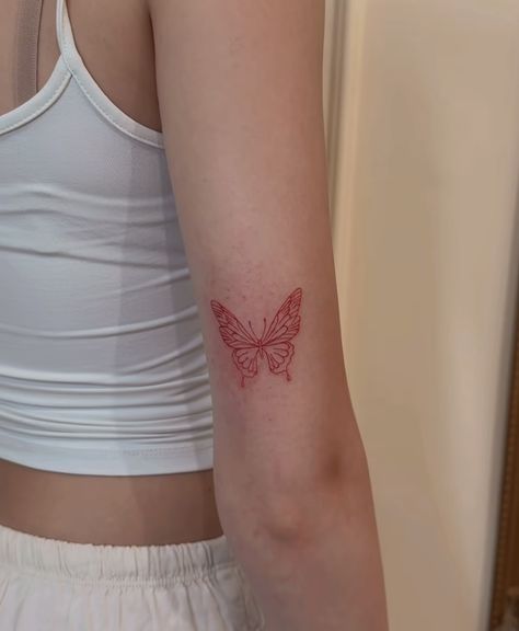 Red Feminine Tattoo, Minimal Arm Tattoo, Arm Tattoo Aesthetic, Butterfly Tattoo Placement, Red Butterfly Tattoo, Red Feminine, Leg Henna, Jewel Tattoo, Peacock Feather Tattoo