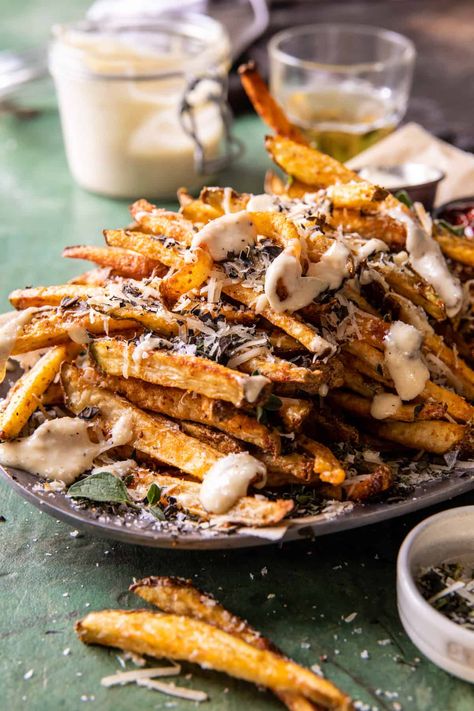 Garlic Parmesan French Fries Dressed in Caesar Dressing | halfbakedharvest.com Half Baked Harvest Air Fryer, Garlic Parmesan French Fries, January Meals, Parmesan French Fries, Best French Fries, Loaded Potatoes, Yummy Fries, Half Baked Harvest Recipes, Cooking Vegetables