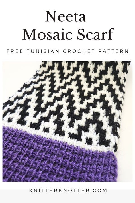 Free Tunisian Mosaic Chevron Scarf Crochet Pattern by KnitterKnotter! The Neeta Scarf Tunisian crochet pattern is worked lengthwise, meaning you'll be creating a long scarf. The pattern uses the overlay Tunisian mosaic crochet technique, which creates a stunning black and white chevron design. I chose to add purple borders at each end of my chevron scarf to add a pop of color. I think they finish off the scarf perfectly. This is a beginner-friendly pattern. Boho Crochet Patterns, Tunisian Crochet Pattern, Chevron Scarves, Tunisian Crochet Hook, Tunisian Crochet Patterns, Tunisian Crochet Stitches, Mosaic Crochet, Selling Handmade Items, Scarf Crochet