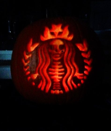 Halloween pumpkin carving idea - my friend's pumpkin - Starbucks - wow! @Nicole Novembrino Aguilera Partner Pumpkin Carving Ideas, Pumpkin Carving Ideas Starbucks, Pumpkin Carving Starbucks, Elaborate Pumpkin Carving Ideas, This Is Fine Pumpkin Carving, Pumpkin Carving Ideas Astetic, Pumpkin Carving Ideas Big Pumpkin, Pumpkin Carving Ideas Medical, Dirty Pumpkin Carving Ideas