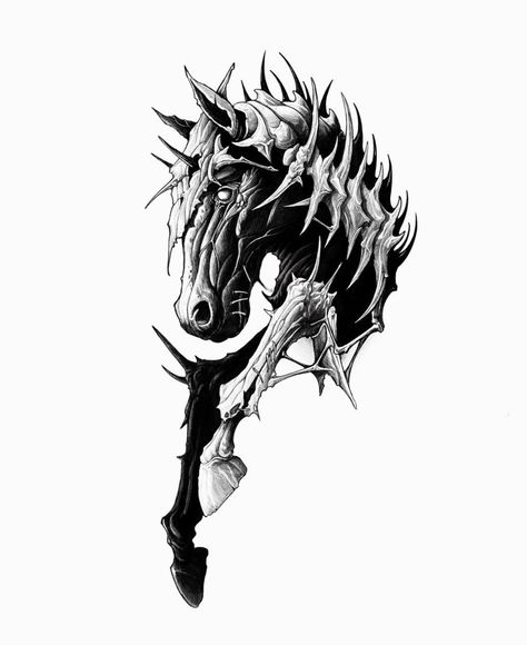 Dark Blackwork Tattoo Design Drawings, Skeleton Horse Tattoo, Dark Horse Tattoo, Satanic Tattoos, Horse Tattoo Design, Animal Sleeve Tattoo, Creepy Animals, Unicorn Tattoos, Flash Tattoo Designs