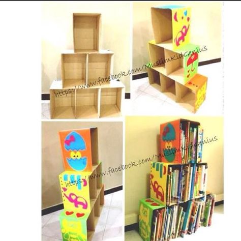 cardboard crafts | Cardboard box bookshelf DIY | Cardboard crafts Diy Bookshelf Easy, Box Bookshelf, Crafts Cardboard, Diy Christmas Canvas, Card Boards, Bookshelf Diy, Diy Baby Room Decor, Diy Bookshelf, Diy Toy Storage