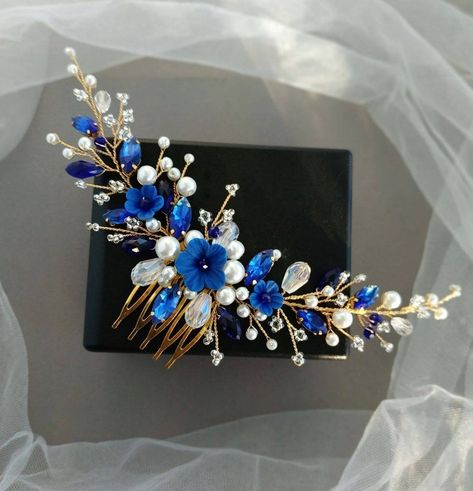 Blue Hair Piece, Quince Crown, Sapphire Hair, Anchor Theme, Royal Blue Hair, Sapphire Jewelry Set, Pearl Bridal Comb, Bridal Hair Pins Pearl, Blue Wedding Jewelry