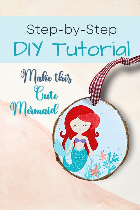 This is an easy step-by-step tutorial video on how to paint a cute mermaid on woodslice with acrylic paints. #howtopaintmermaid #paintlittlemermaid #stepbystepmermaidpainting #mermaidpaintingtutorial Diy Mermaid Painting, Simple Mermaid Painting Ideas, Diy Mermaid Ornament Ideas, Painted Mermaids On Wood, Diy Ornament, Painted Ornament, Mermaid Ornament, Mermaid Diy, Mermaid Painting