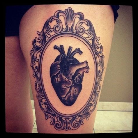 Heart frame tattoo                                                                                                                                                                                 More Victorian Heart Tattoo, Heart Anatomy Tattoo, Compass Thigh Tattoo, Tattoo Forearm Sleeve, Cameo Tattoo, Anatomical Tattoos, Heart Anatomical, Frame Tattoo, Mirror Tattoos